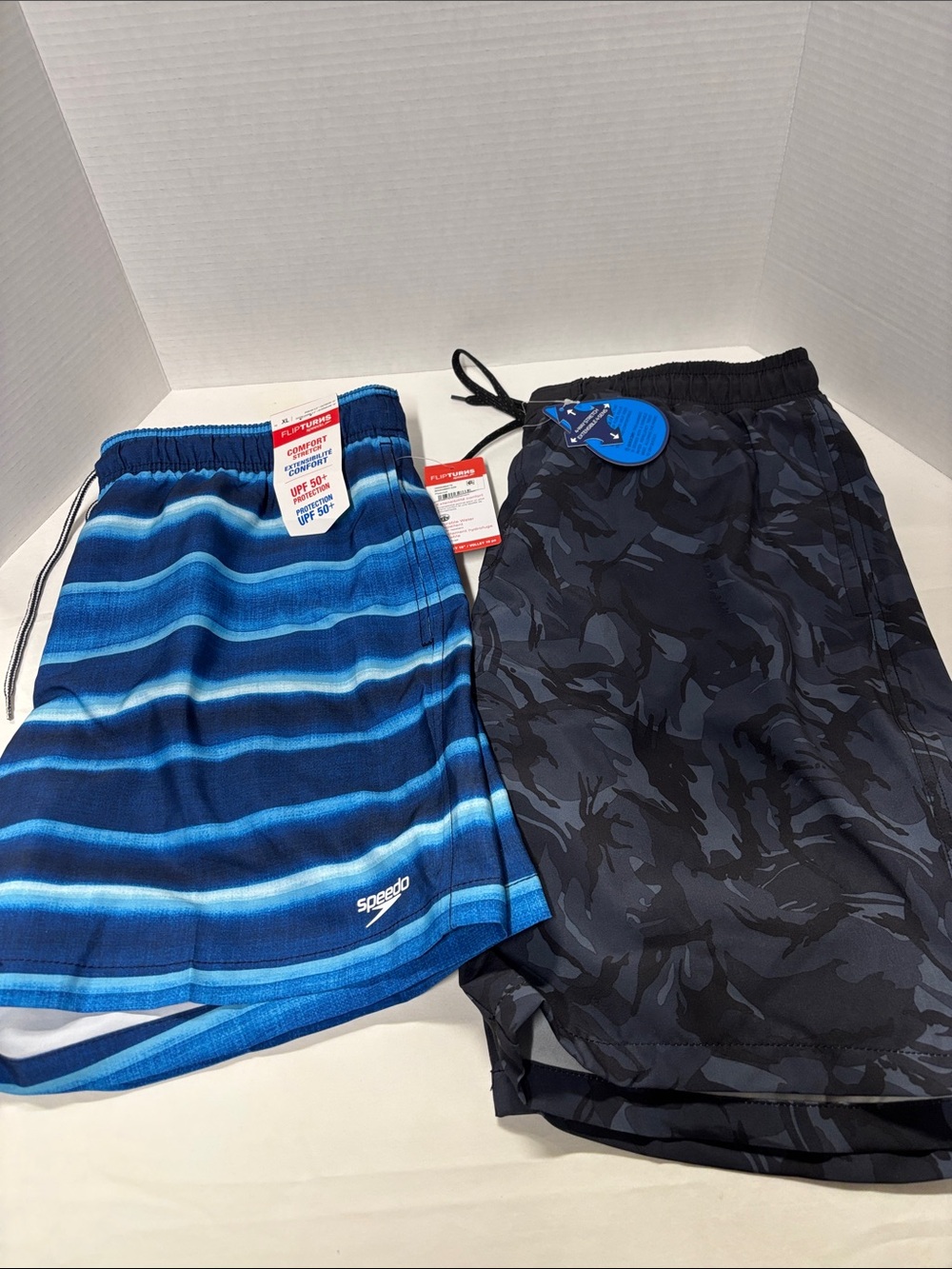 Speedo  and Text2Fit Blue Striped & Black Camo Men’s Swim Shorts Set